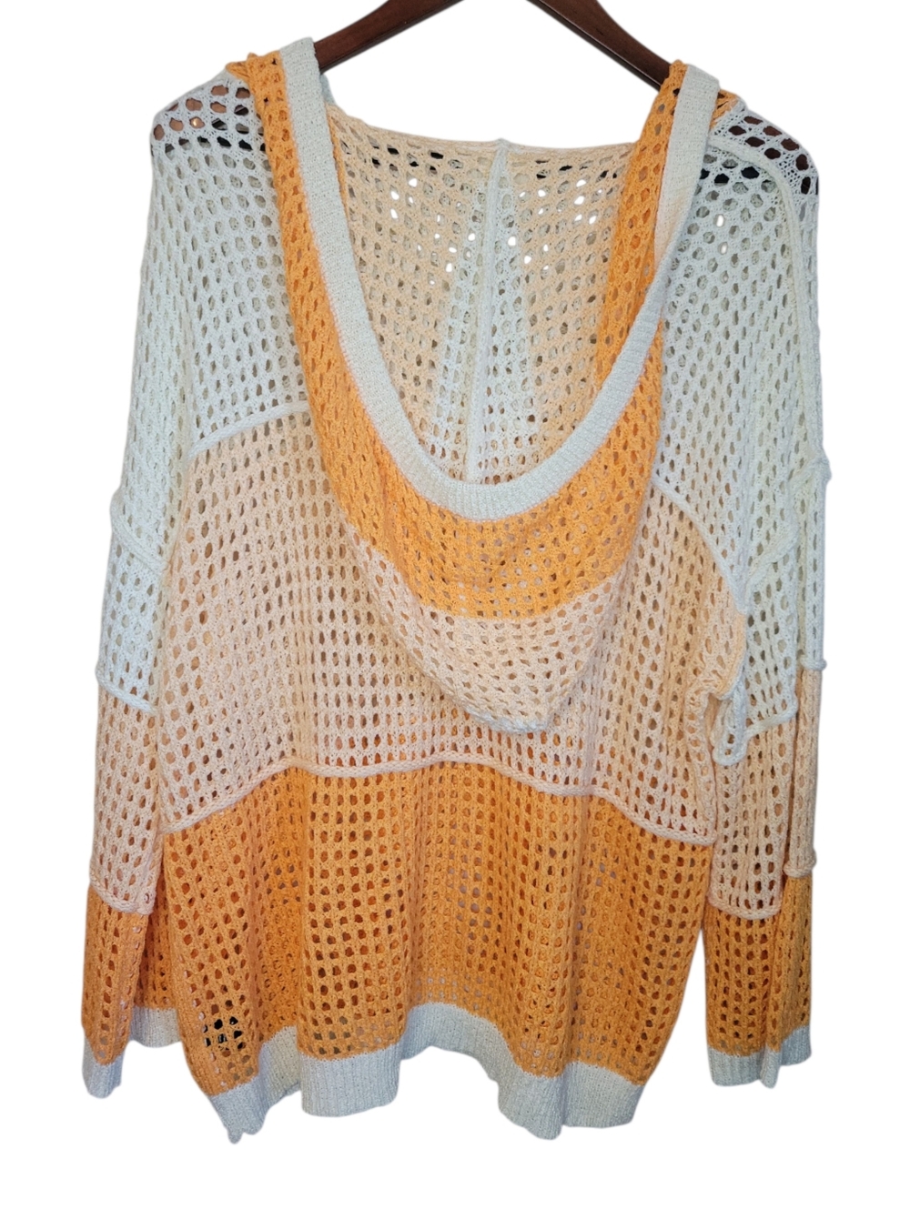 POL Oversized Open Knit Hooded Sweater Small Colorblock Boho Beach Cover Up Top - Picture 7 of 10